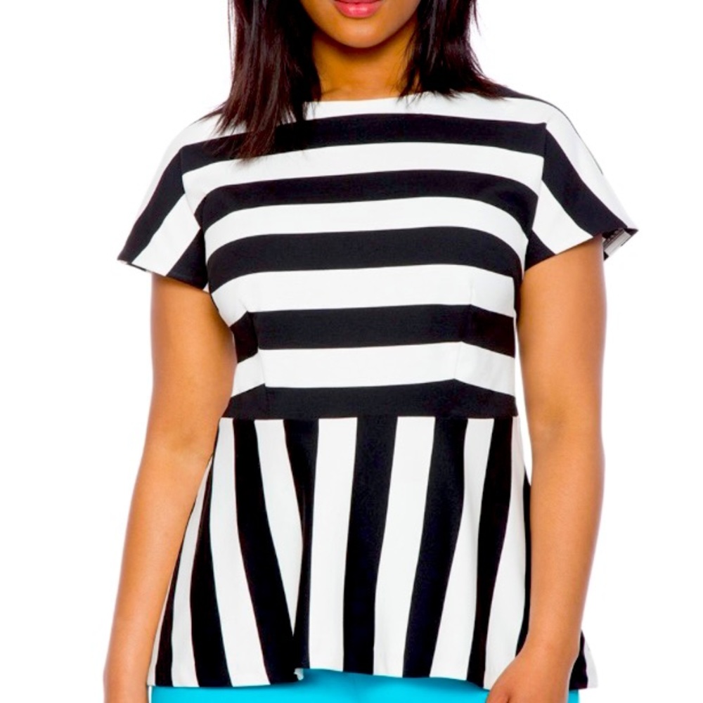 Eloquii Black/White Stripe Top with Peplum SZ 16